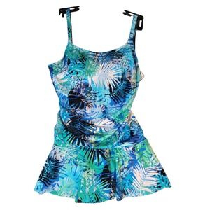Tummy Trimmer Swimsuit One‎ piece Scoop Neck Skater Skirt SLIMMING Palm Leaves 8